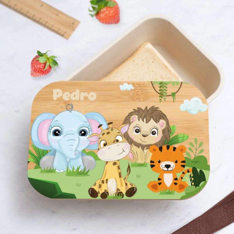 Fiambrera con Tapa de Madera Infantil Animales Selva personalizada Fiambrera con Tapa de Madera Infantil Animales Selva personalizada
