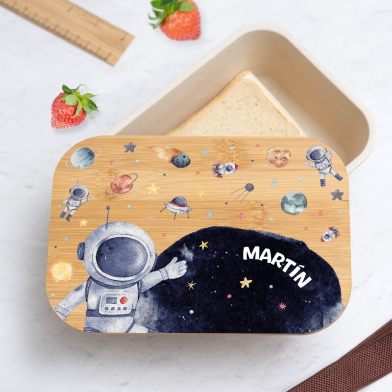 Fiambrera con Tapa de Madera Infantil Astronauta en el Espacio personalizada Fiambrera con Tapa de Madera Infantil Astronauta en el Espacio personalizada