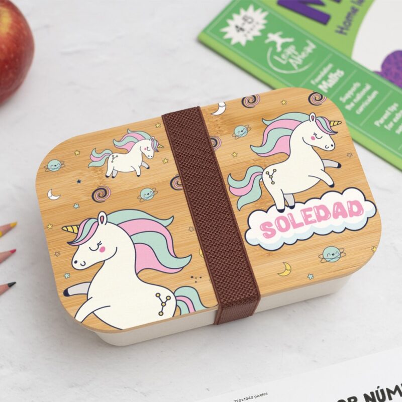 Fiambrera con Tapa de Madera Infantil Unicornios Coloridos personalizada