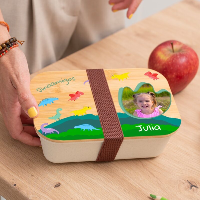 Fiambrera con Tapa de Madera Infantil Dinosaurios personalizada