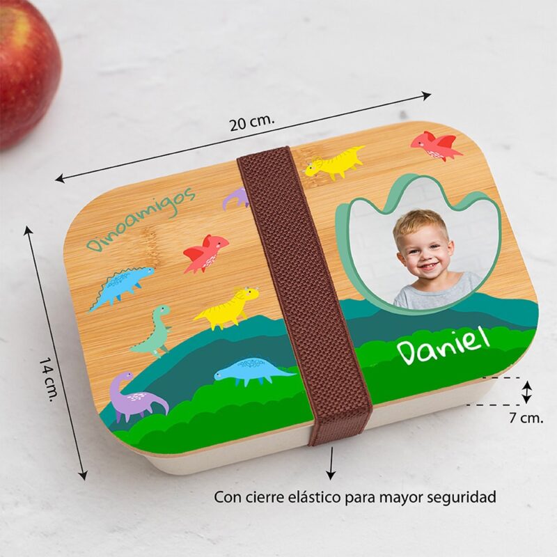 Fiambrera con Tapa de Madera Infantil Dinosaurios personalizada
