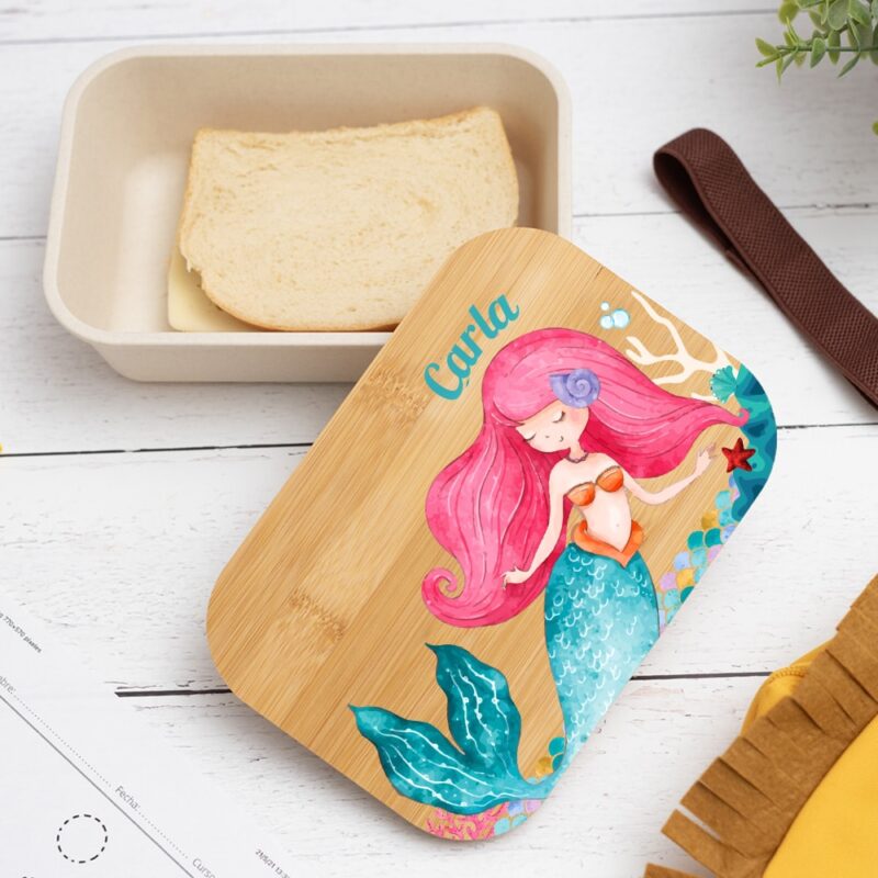 Fiambrera con Tapa de Madera Infantil Sirenita personalizada