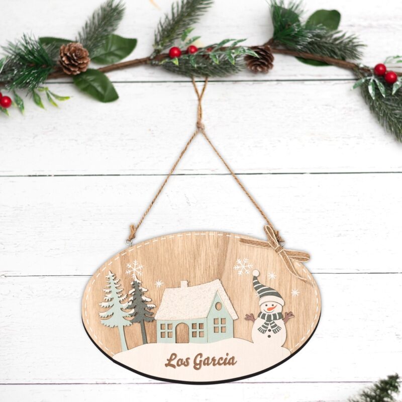 Adorno de Madera para Puerta Muñeco de Nieve con Texto personalizado Adorno de Madera para Puerta Muñeco de Nieve con Texto personalizado