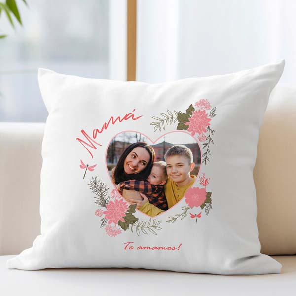 Cojín Corazón Floral con Foto y Texto personalizado