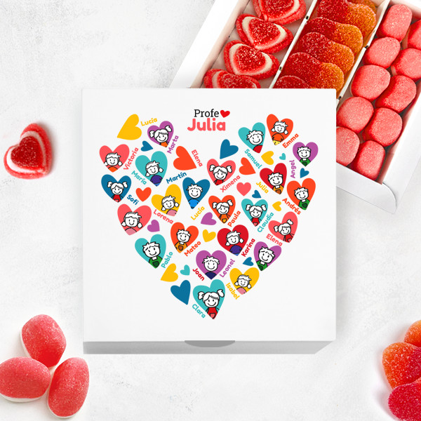 Caja de Dulces Corazones con Muñecos con Nombres y Texto personalizado