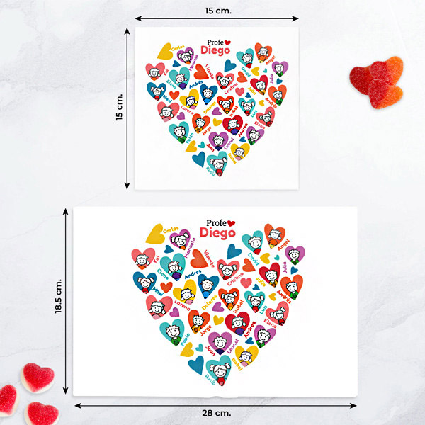 Caja de Dulces Corazones con Muñecos con Nombres y Texto personalizado