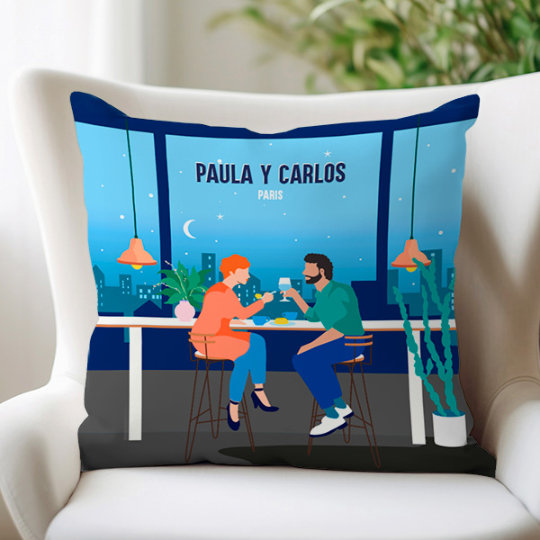 Cojín Ilustración de Pareja con Nombres y Texto personalizado