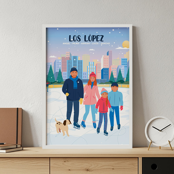 Póster Familia en Patines con Nombres y Texto personalizado