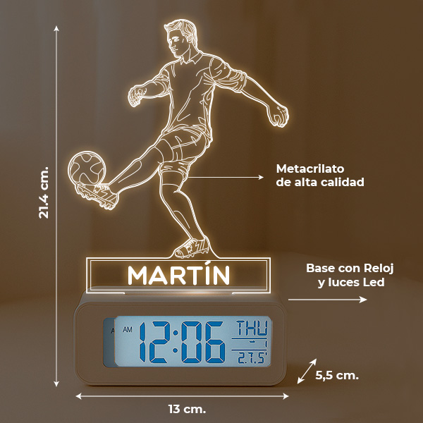 Reloj Despertador con Luz Jugador de Fútbol personalizado