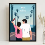 Póster Ilustración de Pareja con Palmeras y Nombres personalizados Miniatura de Póster Ilustración de Pareja con Palmeras y Nombres personalizados
