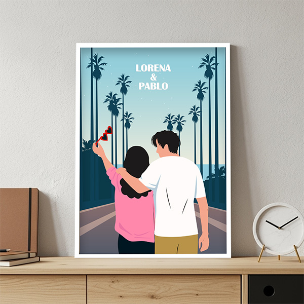 Póster Ilustración de Pareja con Palmeras y Nombres personalizados