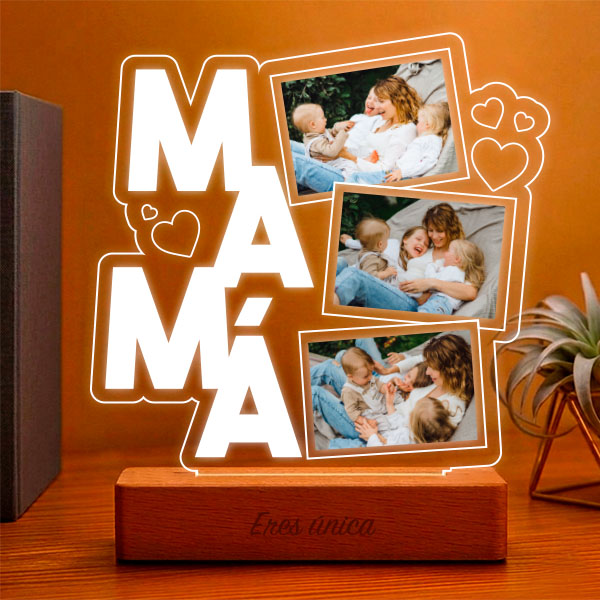 Lámpara para Mamá con Corazones y Tres Fotos personalizadas