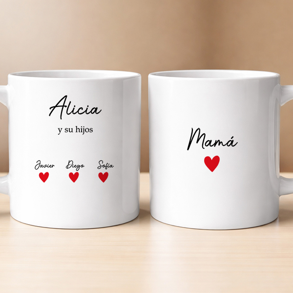 Taza con Texto, Corazones y Nombres personalizados