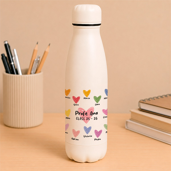 Botella para Profes con Corazones y Nombres personalizados