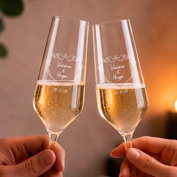 Pack de 2 Copas de Champagne Palomas con Nombres y Fecha personalizada