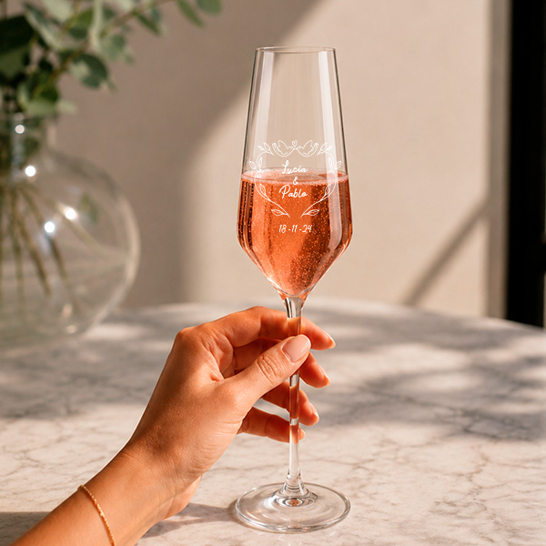 Pack de 2 Copas de Champagne Palomas con Nombres y Fecha personalizada