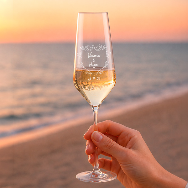 Pack de 2 Copas de Champagne Palomas con Nombres y Fecha personalizada