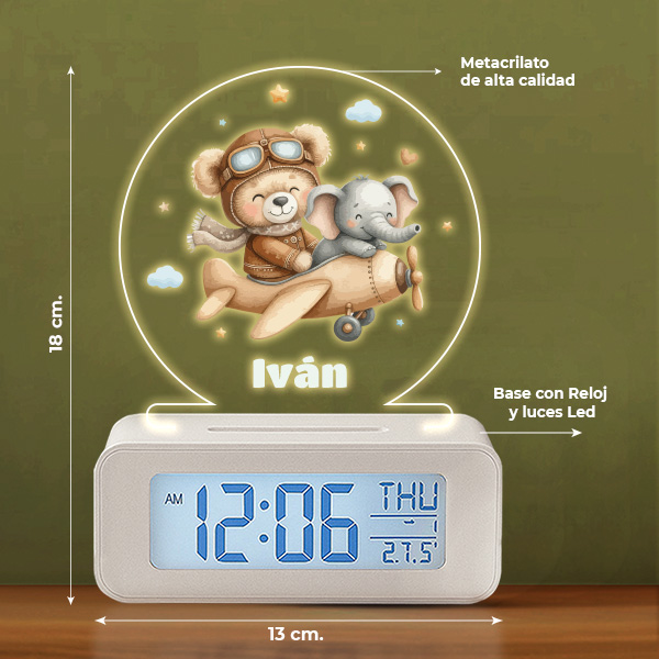 Reloj Despertador Aviador con Luz y Nombre personalizado