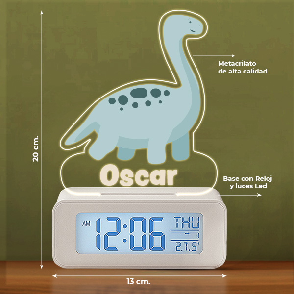 Reloj Despertador Dino con Luz y Nombre personalizado