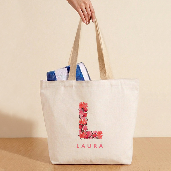 Tote Bag Inicial de Flores con Nombre personalizado