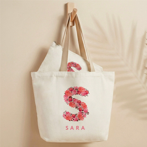 Tote Bag Inicial de Flores con Nombre personalizado