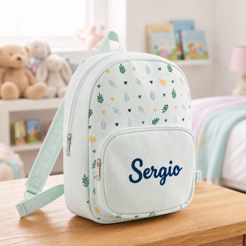 Mochila Infantil Verde con Hojas y Nombre personalizado