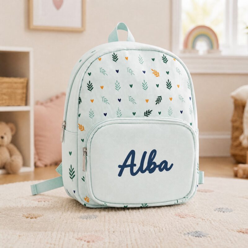 Mochila Infantil Verde con Hojas y Nombre personalizado