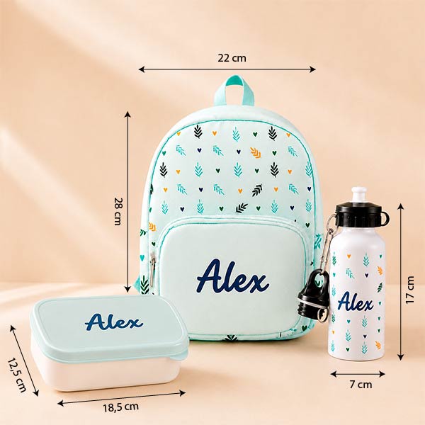 Pack Escolar Infantil Verde con Hojas y Nombre personalizado