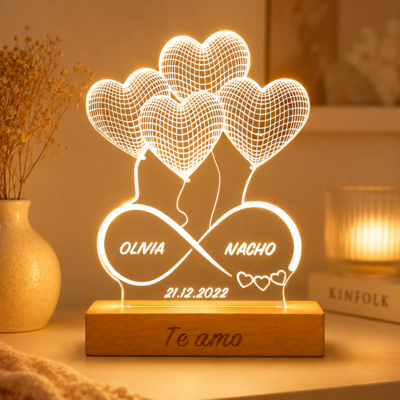 Lámpara Infinito Corazones con Nombres y Fecha personalizada
