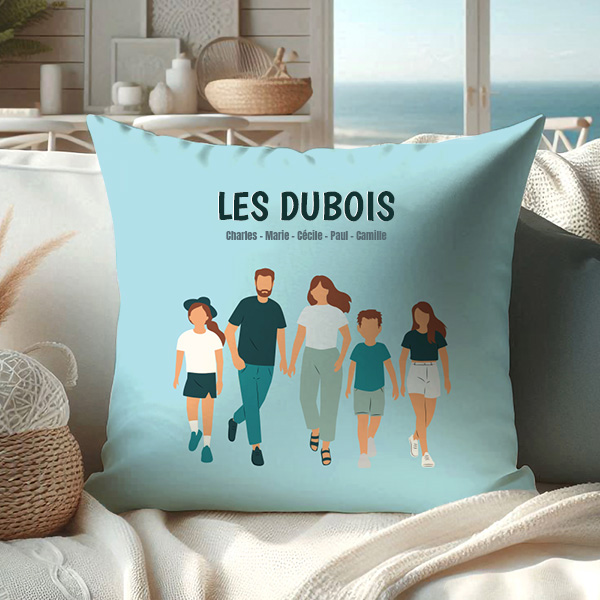 Coussin Famille de Face avec Noms et Texte personnalisé