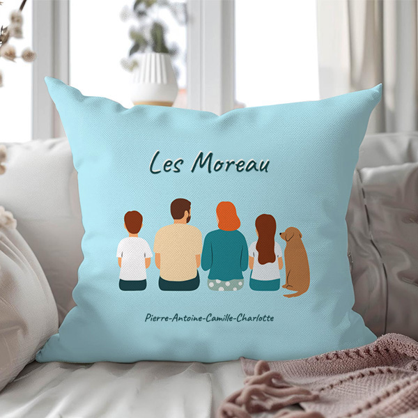 Coussin Famille de Dos avec Noms et Texte personnalisé