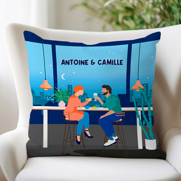 Coussin Illustration de Couple avec Noms et Texte personnalisé
