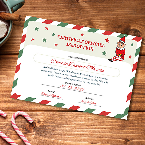 Poupée Lutin Décoratif de Noël avec Certificat d’Adoption et Prénom personnalisé