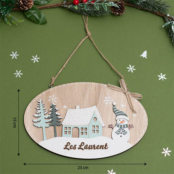 Décoration de Porte en Bois avec Bonhomme de neige et Texte Personnalisé