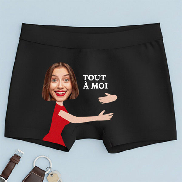 Boxer avec la phrase « RIEN QU'À MOI » et photo personnalisée