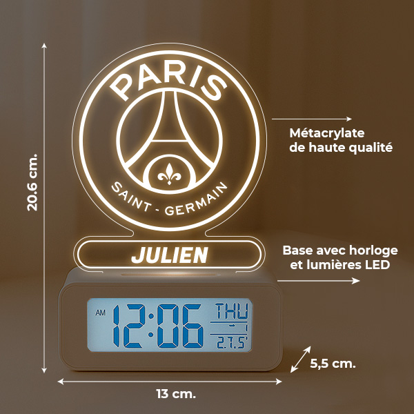 Réveil avec Lumière et Écusson Paris Saint-Germain (PSG) personnalisé