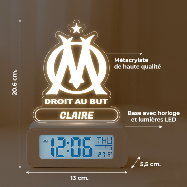 Réveil avec Lumière et Écusson Olympique de Marseille (OM) personnalisé
