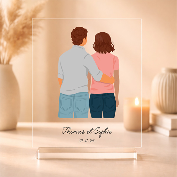 Plaque ou Lampe avec Illustration de Couple de Dos avec Prénoms et Date Personnalisés