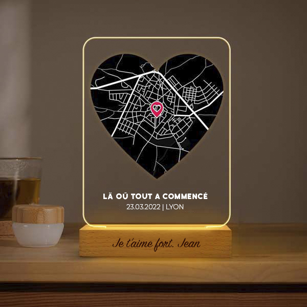 Lampe Carte de l’Amour personnalisée avec localisation et textes