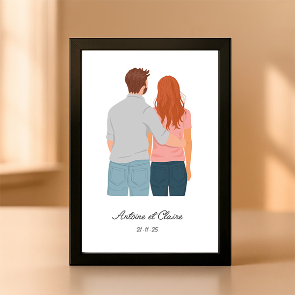 Plaque ou Lampe avec Illustration de Couple de Dos avec Prénoms et Date Personnalisés