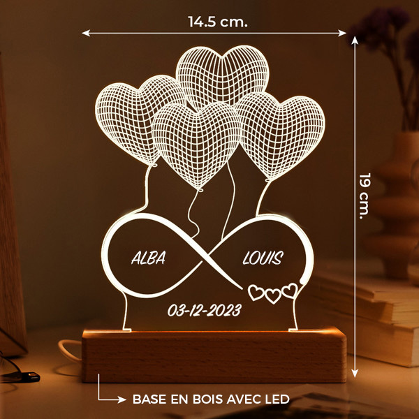 Lampe Infini Cœurs avec Noms et Date personnalisée