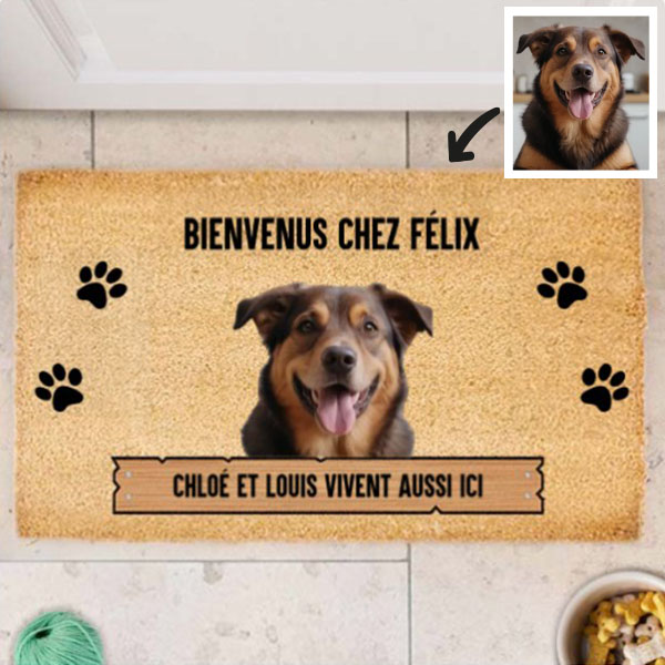 Paillasson Bienvenue à la maison avec nom de l’animal de compagnie personnalisé