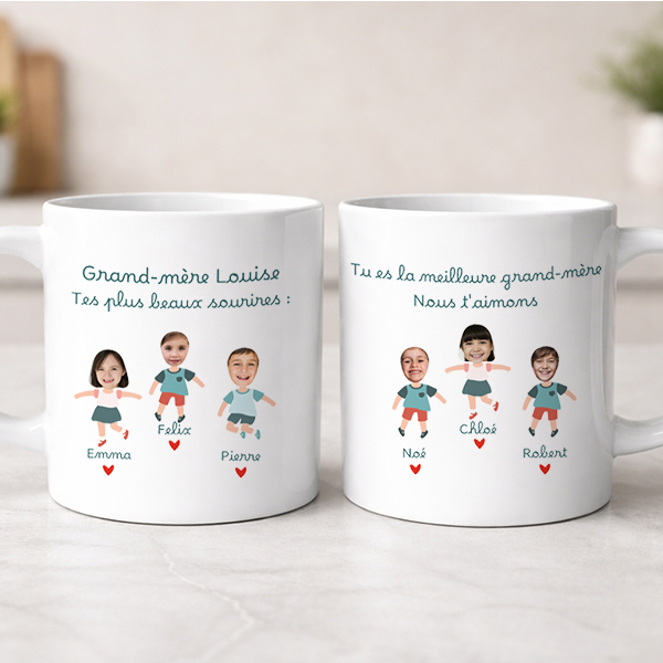 Mug avec texte, prénoms et personnages créés à partir d’une Photo personnalisés
