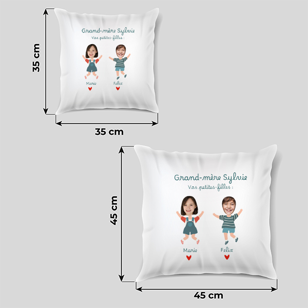 Coussin avec texte, prénoms et personnages créés à partir d’une Photo personnalisés