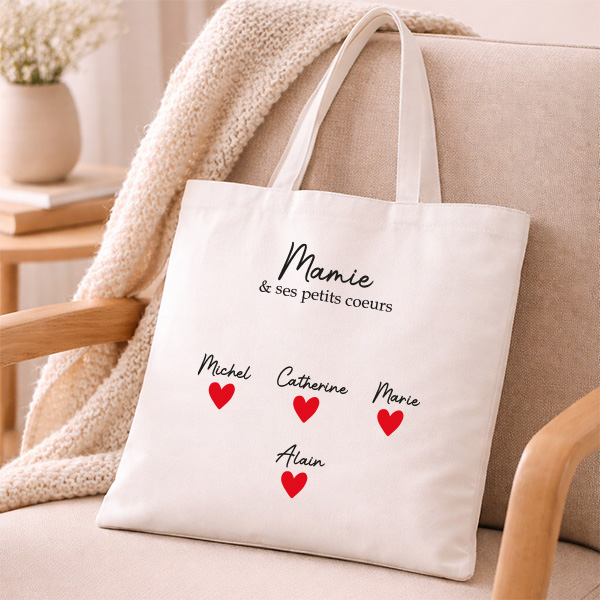 Tote bag avec cœurs et prénoms personnalisés