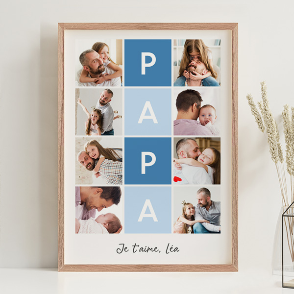 Affiche Papa en Carrés Bleus avec Texte et Photos Personnalisées