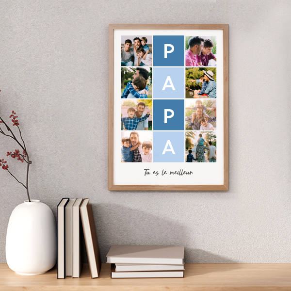 Affiche Papa en Carrés Bleus avec Texte et Photos Personnalisées