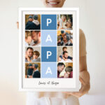 Vignette de Affiche Papa en Carrés Bleus avec Texte et Photos Personnalisées