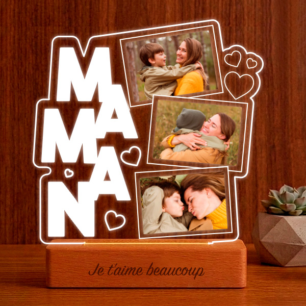 Lampe pour Maman avec Cœurs et Trois Photos personnalisées