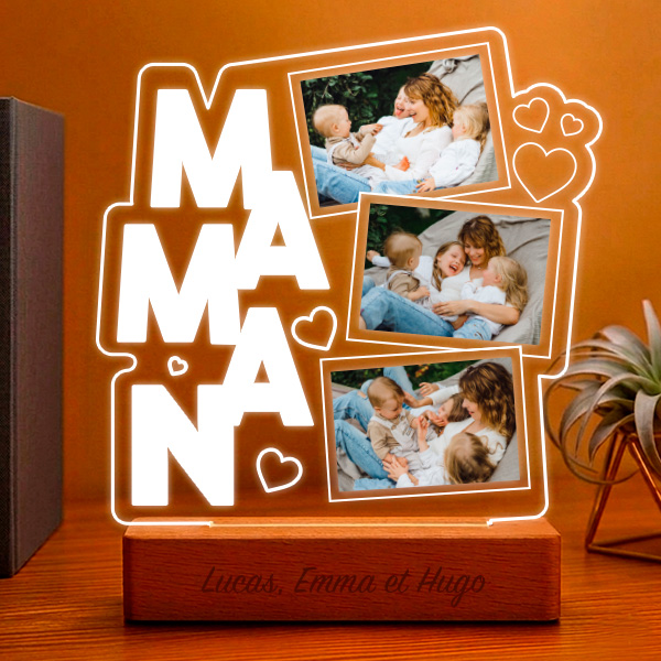 Lampe pour Maman avec Cœurs et Trois Photos personnalisées